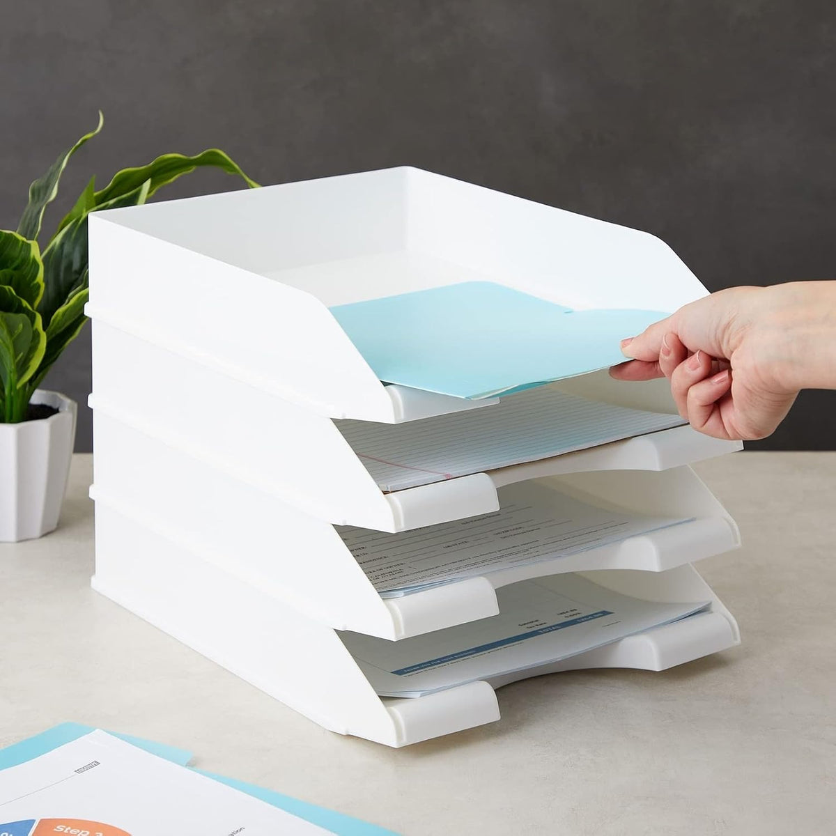 Rectangular Letter Trays - Paper Trays for Classroom - Desktop Paper Organizer & File Holder - Document Organizer for Desk Storage - Pack of 4, White, 10 x 13.5 x 2.5 in