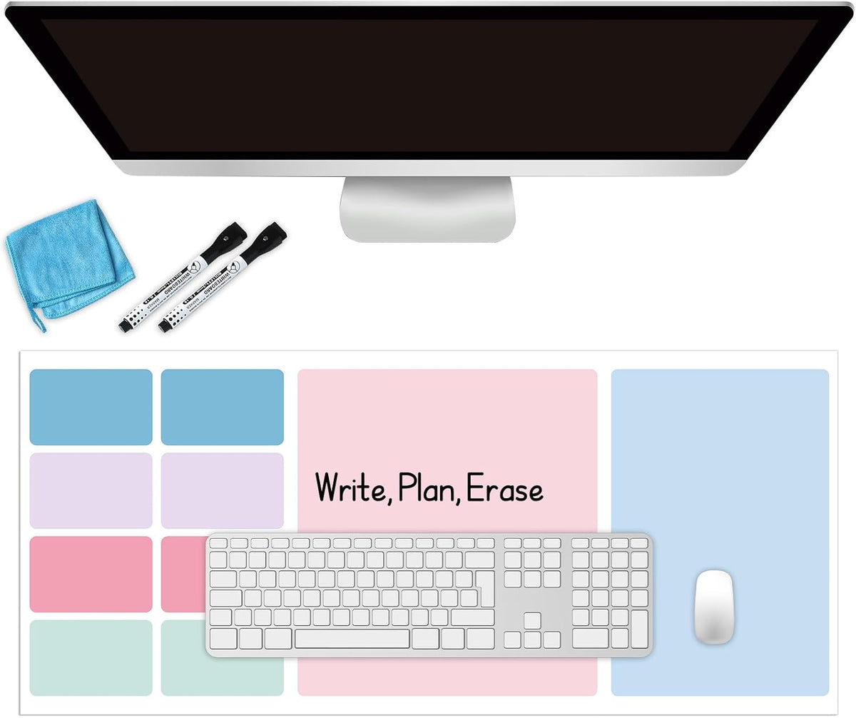 Dry Erase Desk Mat, Large Mouse Pad, Erasable Writing White Board for Making Plans, Self Adhesive Desktop Protector with 2 Wet Erase Markers & 1 Eraser for Home Office School 36"x16" (Pink Blue)
