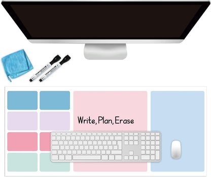 Dry Erase Desk Mat, Large Mouse Pad, Erasable Writing White Board for Making Plans, Self Adhesive Desktop Protector with 2 Wet Erase Markers & 1 Eraser for Home Office School 36"x16" (Pink Blue)
