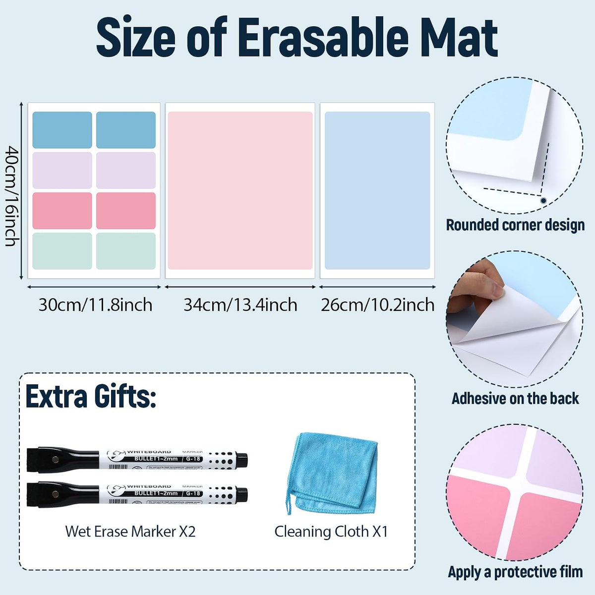 Dry Erase Desk Mat, Large Mouse Pad, Erasable Writing White Board for Making Plans, Self Adhesive Desktop Protector with 2 Wet Erase Markers & 1 Eraser for Home Office School 36"x16" (Pink Blue)