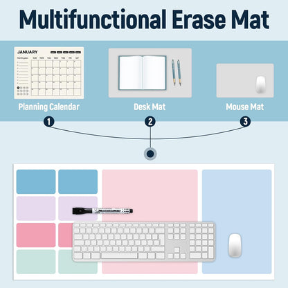 Dry Erase Desk Mat, Large Mouse Pad, Erasable Writing White Board for Making Plans, Self Adhesive Desktop Protector with 2 Wet Erase Markers & 1 Eraser for Home Office School 36"x16" (Pink Blue)