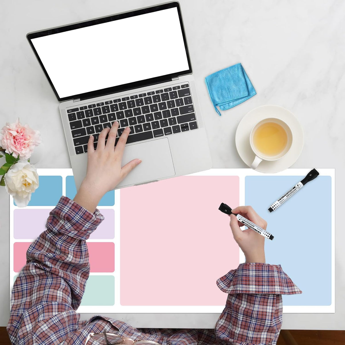 Dry Erase Desk Mat, Large Mouse Pad, Erasable Writing White Board for Making Plans, Self Adhesive Desktop Protector with 2 Wet Erase Markers & 1 Eraser for Home Office School 36"x16" (Pink Blue)