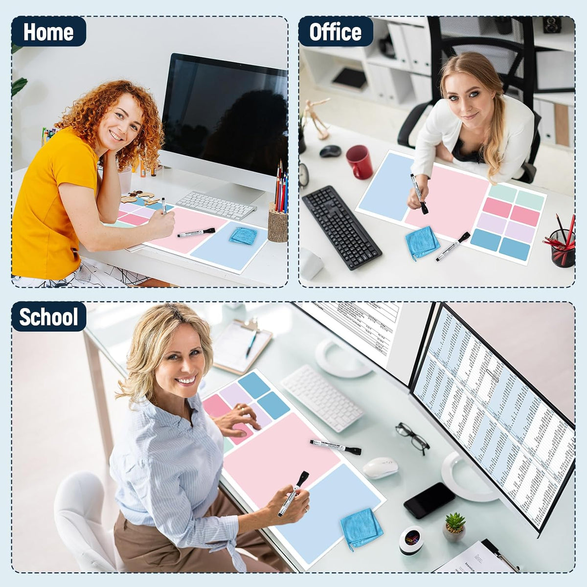 Dry Erase Desk Mat, Large Mouse Pad, Erasable Writing White Board for Making Plans, Self Adhesive Desktop Protector with 2 Wet Erase Markers & 1 Eraser for Home Office School 36"x16" (Pink Blue)