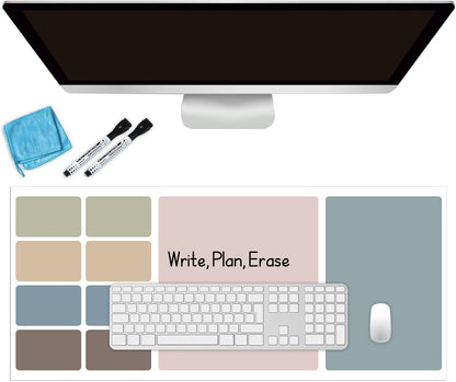 Dry Erase Desk Mat, Large Mouse Pad, Erasable Writing White Board for Making Plans, Self Adhesive Desktop Protector with 2 Wet Erase Markers & 1 Eraser for Home Office School 36"x16" (Pink Blue)