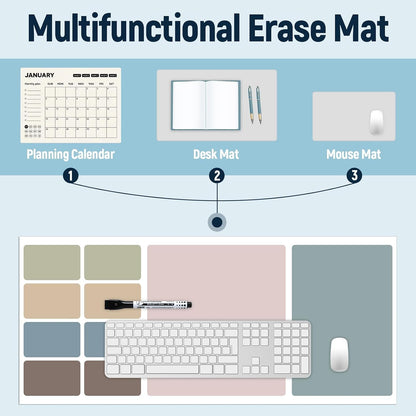 Dry Erase Desk Mat, Large Mouse Pad, Erasable Writing White Board for Making Plans, Self Adhesive Desktop Protector with 2 Wet Erase Markers & 1 Eraser for Home Office School 36"x16" (Pink Blue)