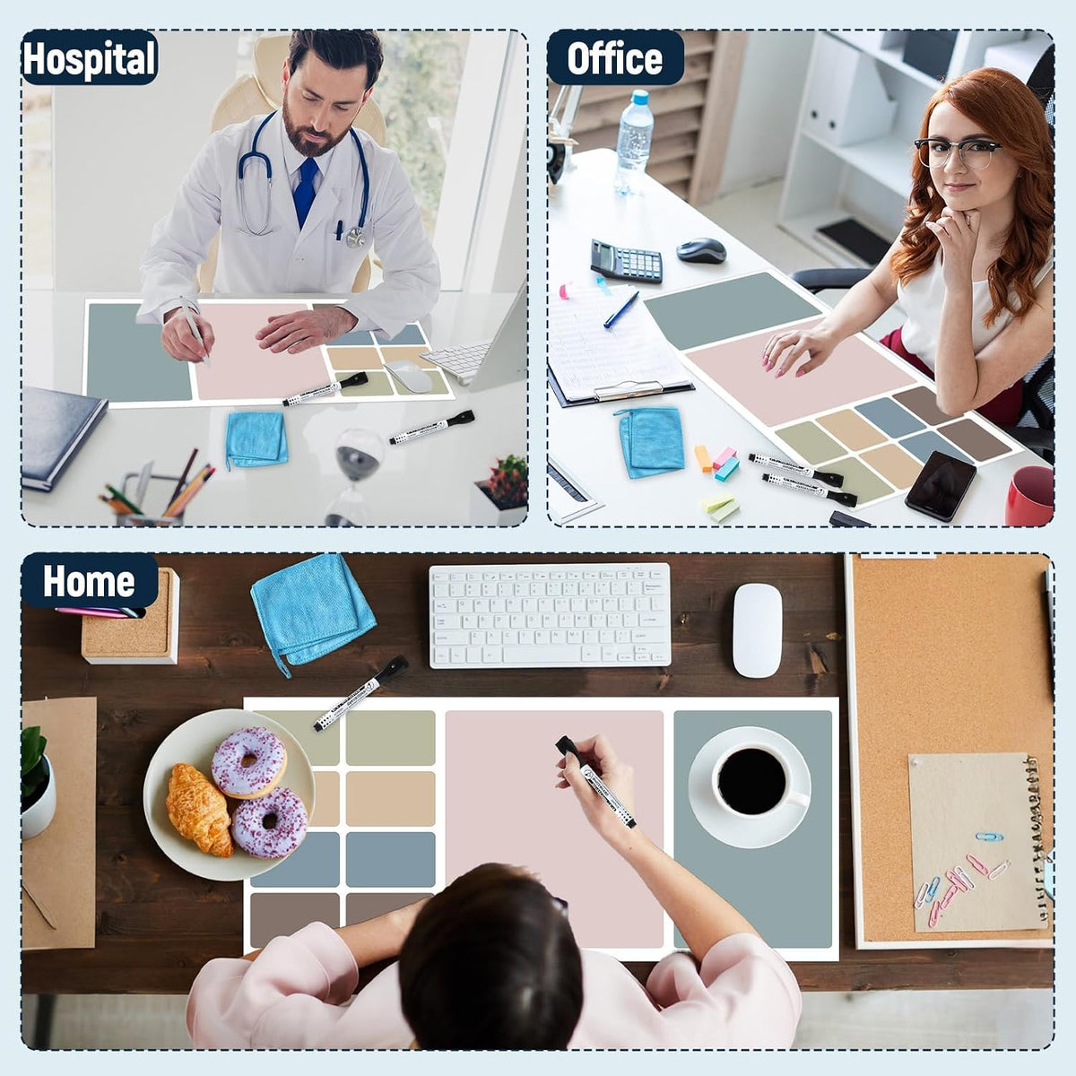 Dry Erase Desk Mat, Large Mouse Pad, Erasable Writing White Board for Making Plans, Self Adhesive Desktop Protector with 2 Wet Erase Markers & 1 Eraser for Home Office School 36"x16" (Pink Blue)