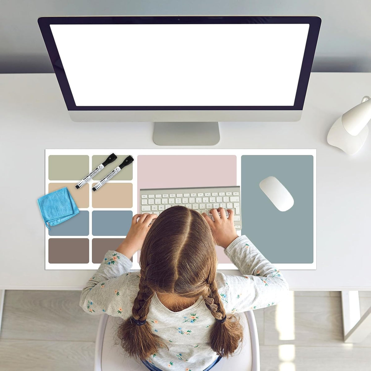 Dry Erase Desk Mat, Large Mouse Pad, Erasable Writing White Board for Making Plans, Self Adhesive Desktop Protector with 2 Wet Erase Markers & 1 Eraser for Home Office School 36"x16" (Pink Blue)
