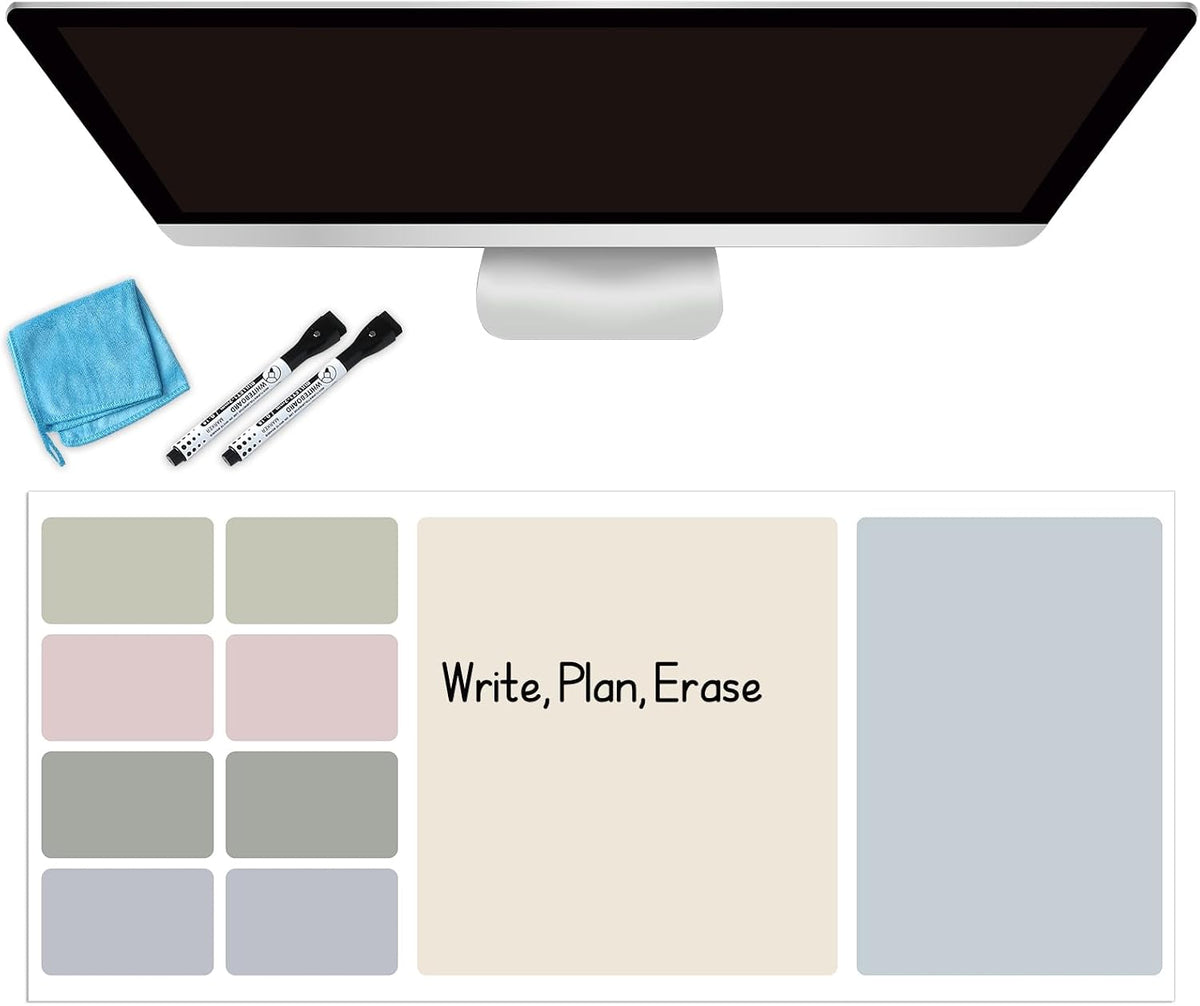 Dry Erase Desk Mat, Large Mouse Pad, Erasable Writing White Board for Making Plans, Self Adhesive Desktop Protector with 2 Wet Erase Markers & 1 Eraser for Home Office School 36"x16" (Pink Blue)