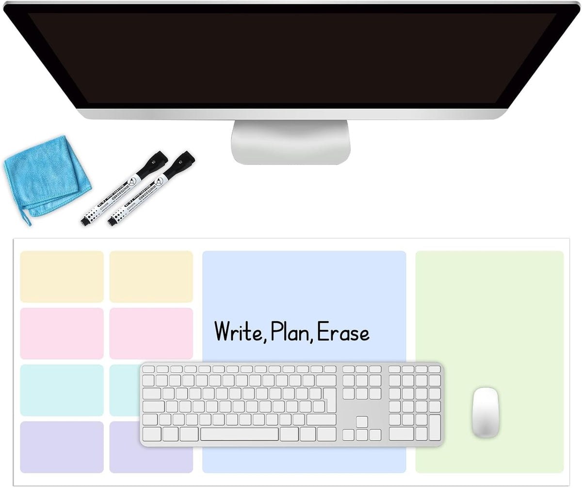 Dry Erase Desk Mat, Large Mouse Pad, Erasable Writing White Board for Making Plans, Self Adhesive Desktop Protector with 2 Wet Erase Markers & 1 Eraser for Home Office School 36"x16" (Pink Blue)