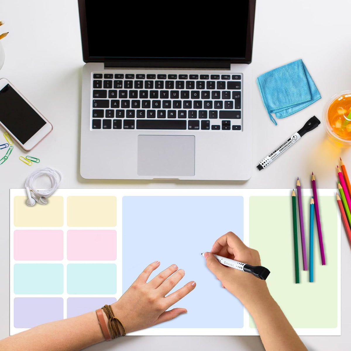 Dry Erase Desk Mat, Large Mouse Pad, Erasable Writing White Board for Making Plans, Self Adhesive Desktop Protector with 2 Wet Erase Markers & 1 Eraser for Home Office School 36"x16" (Pink Blue)