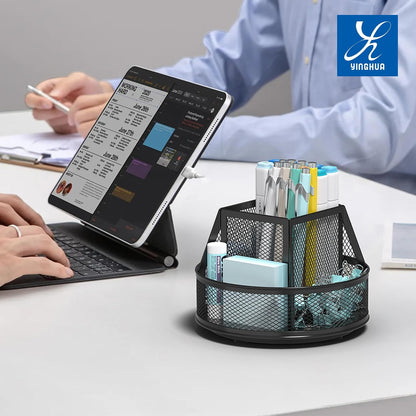 360°Rotating Mesh Desk Organizer & Pen Holder - Black