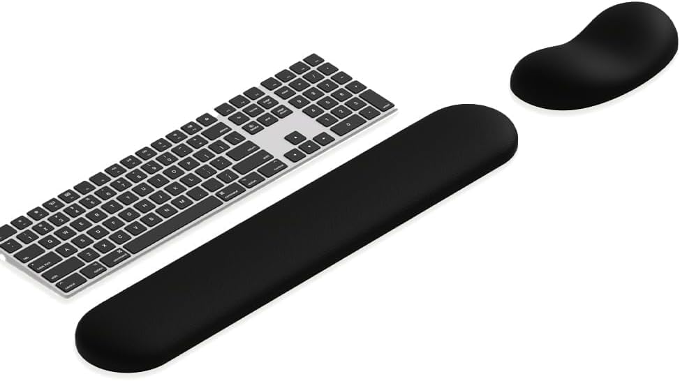 Ergonomic Wrist Rest Set for Keyboard and Mouse | Cooling Gel & Slow-Rebound Memory Foam Palm Support Pad | Luxe Leather, Minimalist, Non-Slip PU Base for Office, Laptop & Gaming (02Black)