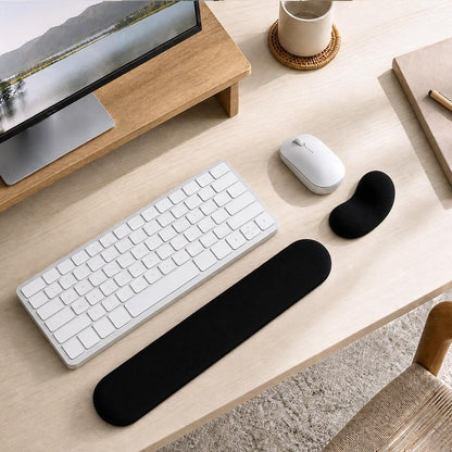 Ergonomic Wrist Rest Set for Keyboard and Mouse | Cooling Gel & Slow-Rebound Memory Foam Palm Support Pad | Luxe Leather, Minimalist, Non-Slip PU Base for Office, Laptop & Gaming (02Black)