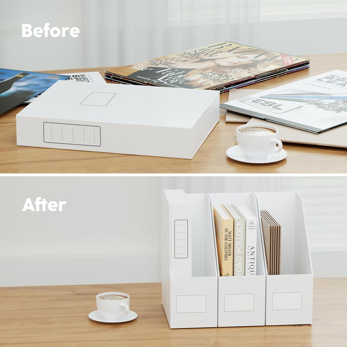 White Magazine File Holders，3 Packs Cardboard File Rack, Folder Holder