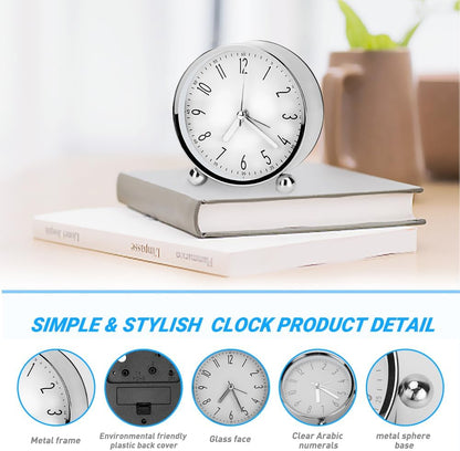 Analog Alarm Clock, 4 inch Super Silent Non Ticking Small Round Clock with Arabic Numerals Beep Sounds, Battery Operated, Lighted on Demand and Snooze, for Bedrooms Bedside Desk, Easy Set
