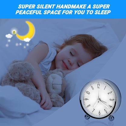 Analog Alarm Clock, 4 inch Super Silent Non Ticking Small Round Clock with Arabic Numerals Beep Sounds, Battery Operated, Lighted on Demand and Snooze, for Bedrooms Bedside Desk, Easy Set