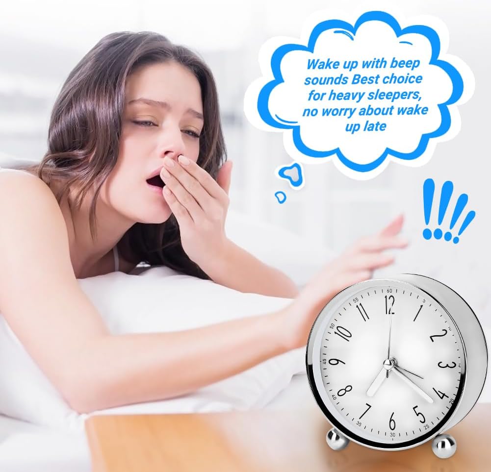Analog Alarm Clock, 4 inch Super Silent Non Ticking Small Round Clock with Arabic Numerals Beep Sounds, Battery Operated, Lighted on Demand and Snooze, for Bedrooms Bedside Desk, Easy Set