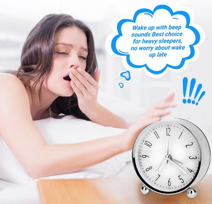 Analog Alarm Clock, 4 inch Super Silent Non Ticking Small Round Clock with Arabic Numerals Beep Sounds, Battery Operated, Lighted on Demand and Snooze, for Bedrooms Bedside Desk, Easy Set