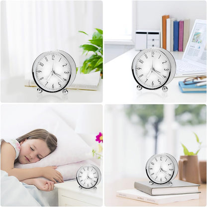 Analog Alarm Clock, 4 inch Super Silent Non Ticking Small Round Clock with Arabic Numerals Beep Sounds, Battery Operated, Lighted on Demand and Snooze, for Bedrooms Bedside Desk, Easy Set