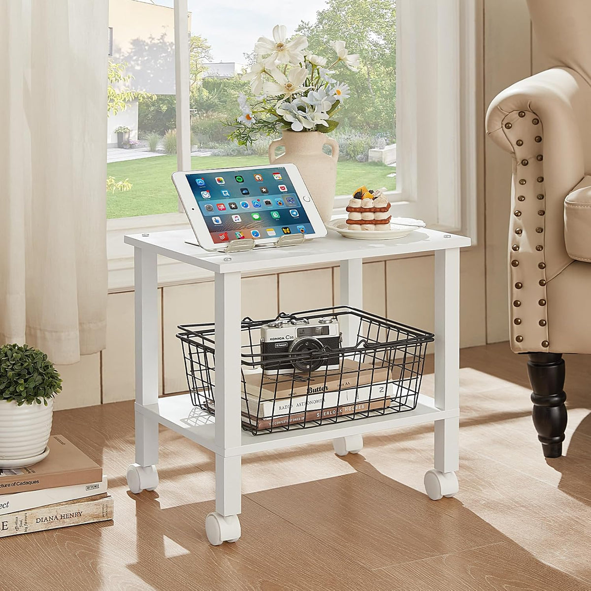 2 Tier Under Desk Printer Stand with Storage, White