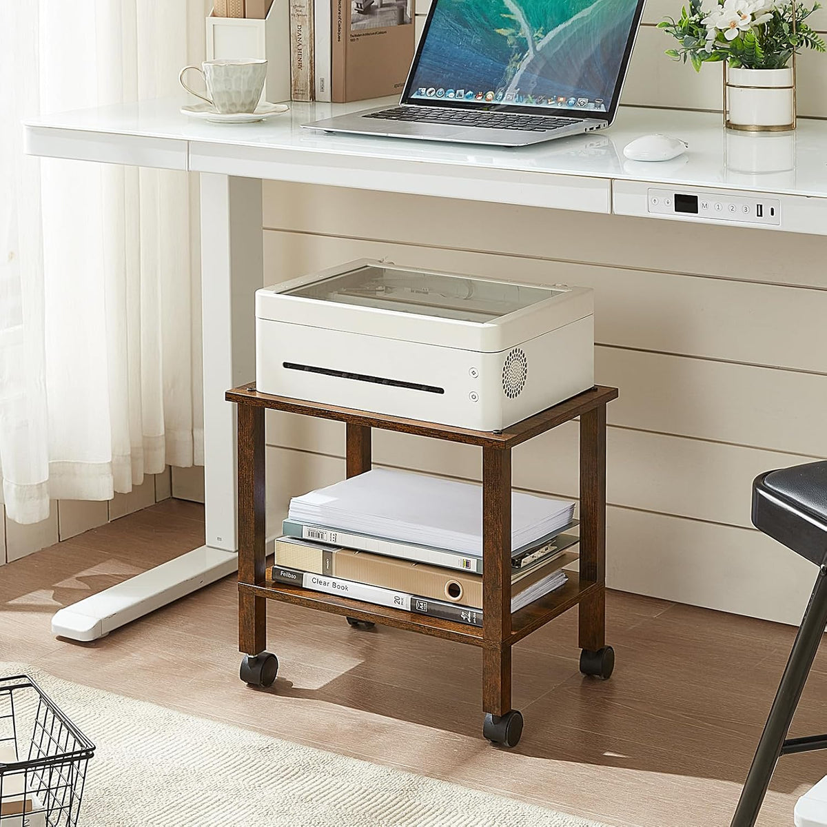 2 Tier Under Desk Printer Stand with Storage, White