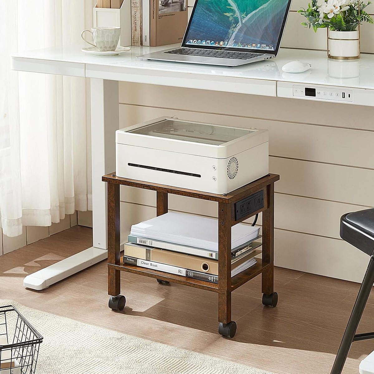 2 Tier Under Desk Printer Stand with Storage, White