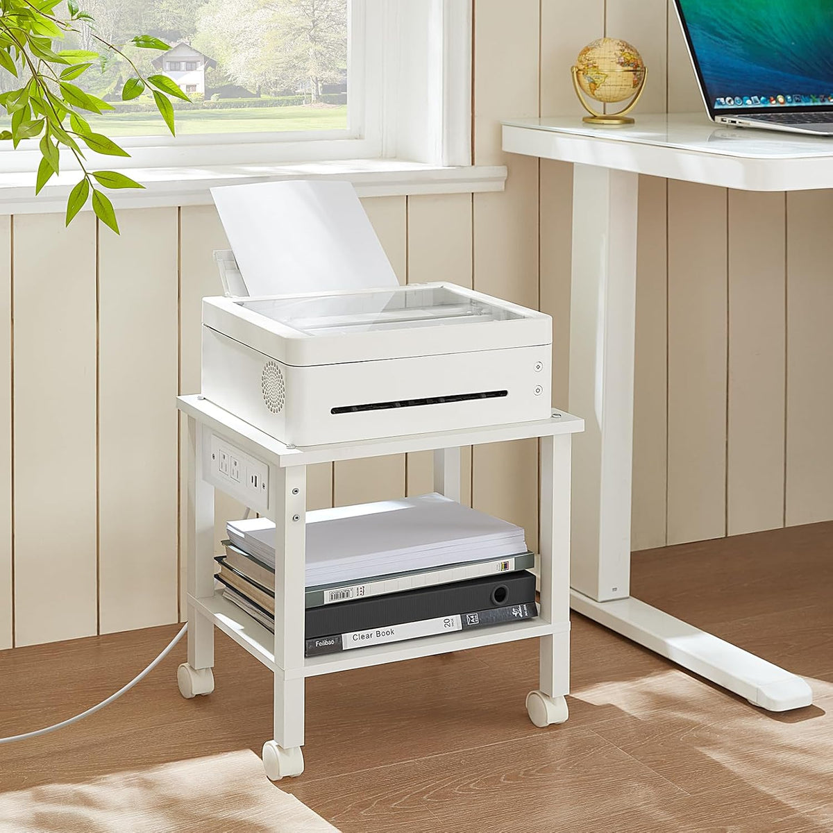 2 Tier Under Desk Printer Stand with Storage, White