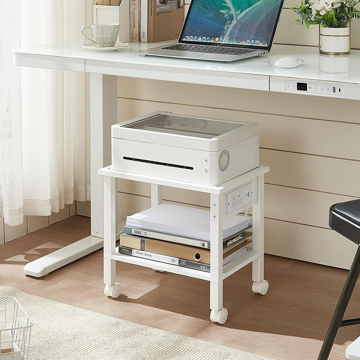 2 Tier Under Desk Printer Stand with Storage, White