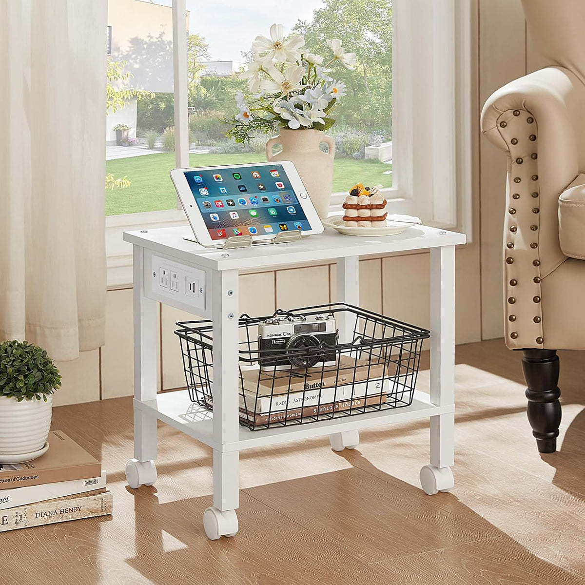 2 Tier Under Desk Printer Stand with Storage, White