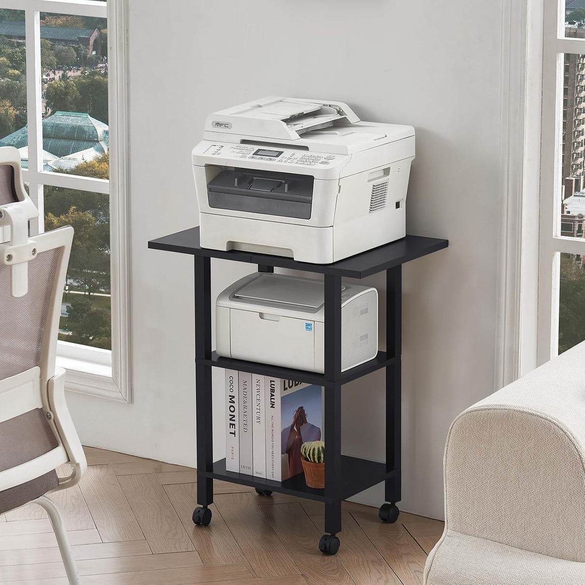 2 Tier Under Desk Printer Stand with Storage, White