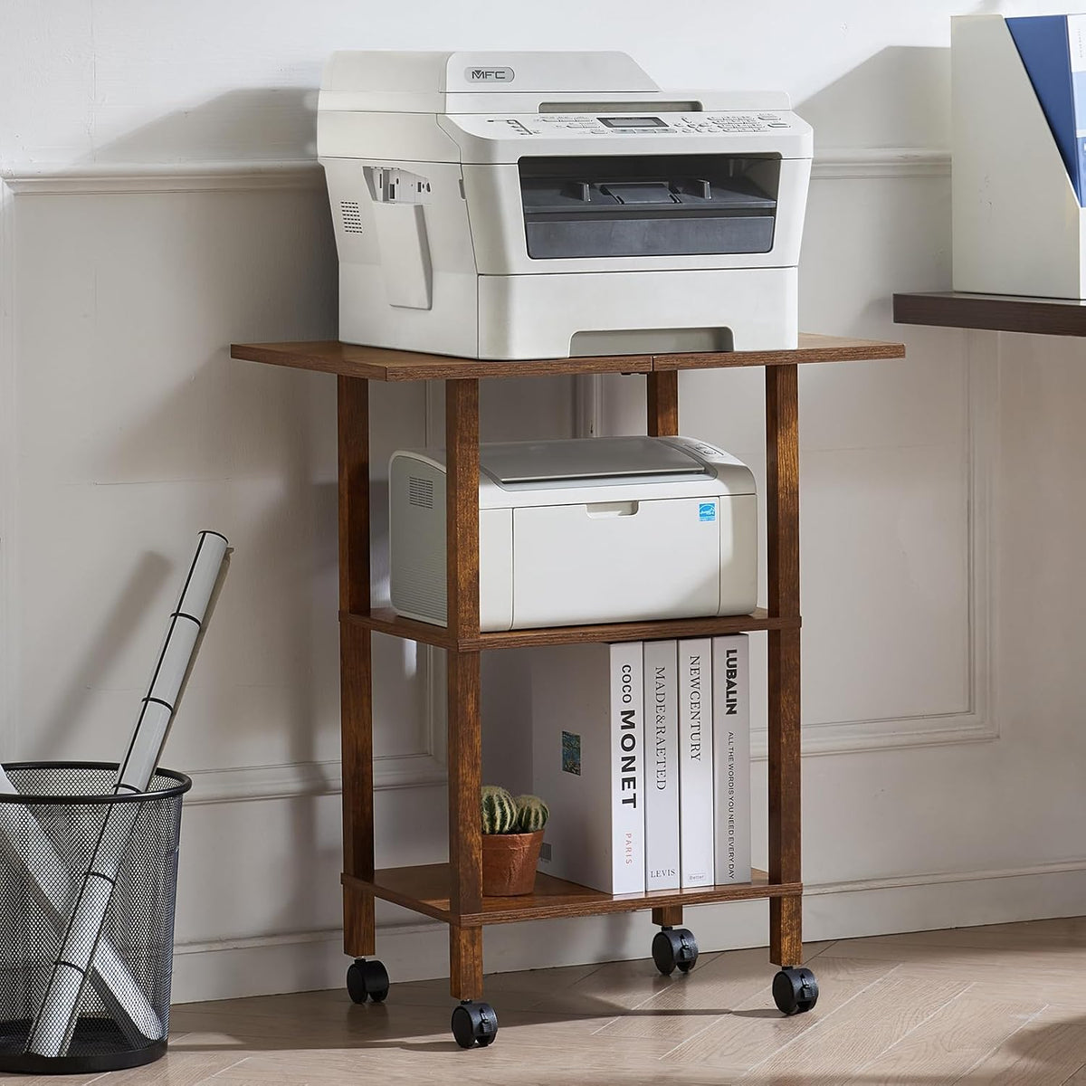 2 Tier Under Desk Printer Stand with Storage, White