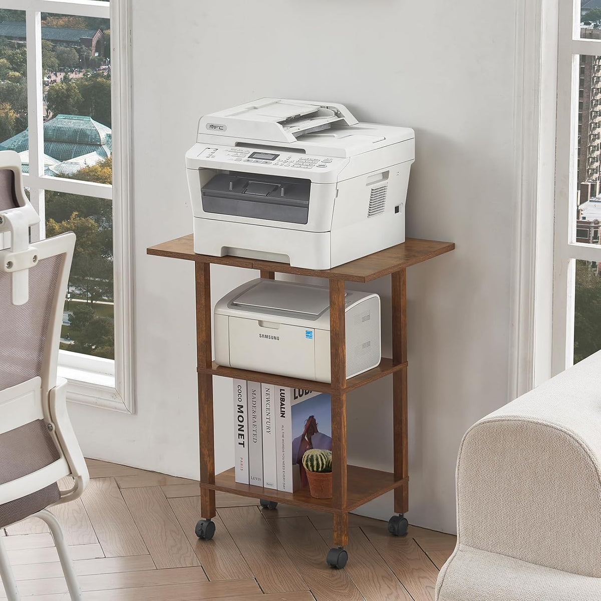 2 Tier Under Desk Printer Stand with Storage, White