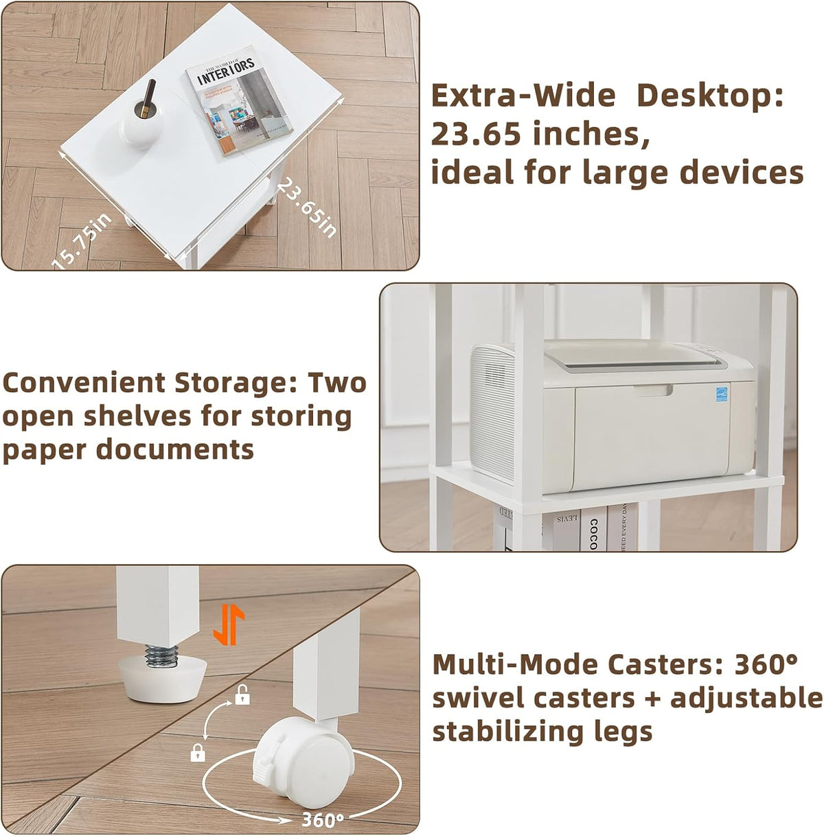 2 Tier Under Desk Printer Stand with Storage, White
