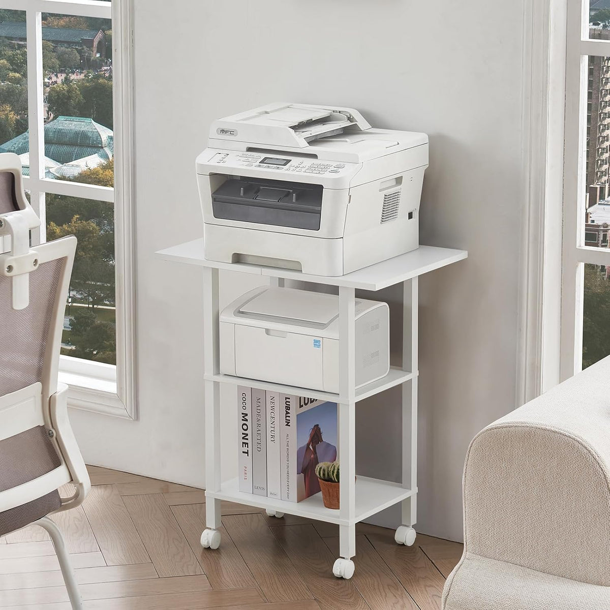 2 Tier Under Desk Printer Stand with Storage, White