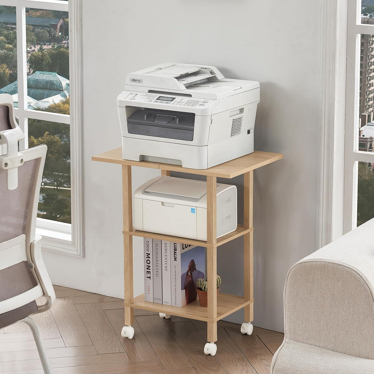 2 Tier Under Desk Printer Stand with Storage, White