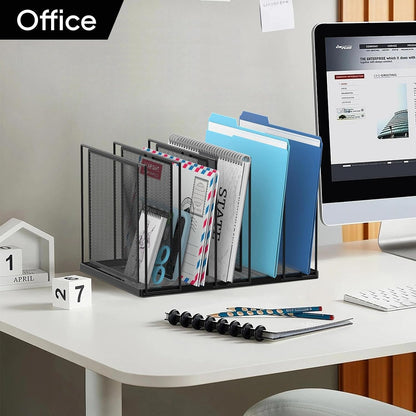 File Organizer for Desk, 5-Section Vertical File Sorter, Paper Holder Organizer Standing Metal File Folder for Office Home Classroom, Black