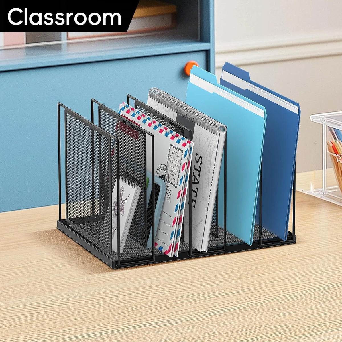 File Organizer for Desk, 5-Section Vertical File Sorter, Paper Holder Organizer Standing Metal File Folder for Office Home Classroom, Black