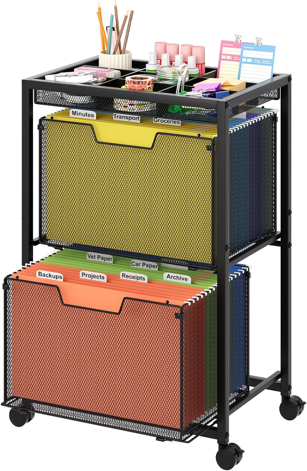 Rolling File Cart with 3 Storage Drawers, Under Desk Filing Cabinet with DIY Divider, Hanging File Folder Organizer on Wheels, Fits A4/Letter Size, Metal Utility Cart for Home Office, Black