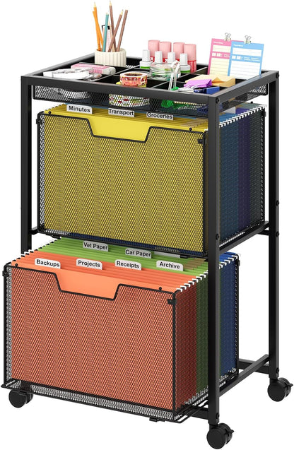 Rolling File Cart with 3 Storage Drawers, Under Desk Filing Cabinet with DIY Divider, Hanging File Folder Organizer on Wheels, Fits A4/Letter Size, Metal Utility Cart for Home Office, Black