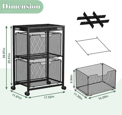 Rolling File Cart with 3 Storage Drawers, Under Desk Filing Cabinet with DIY Divider, Hanging File Folder Organizer on Wheels, Fits A4/Letter Size, Metal Utility Cart for Home Office, Black
