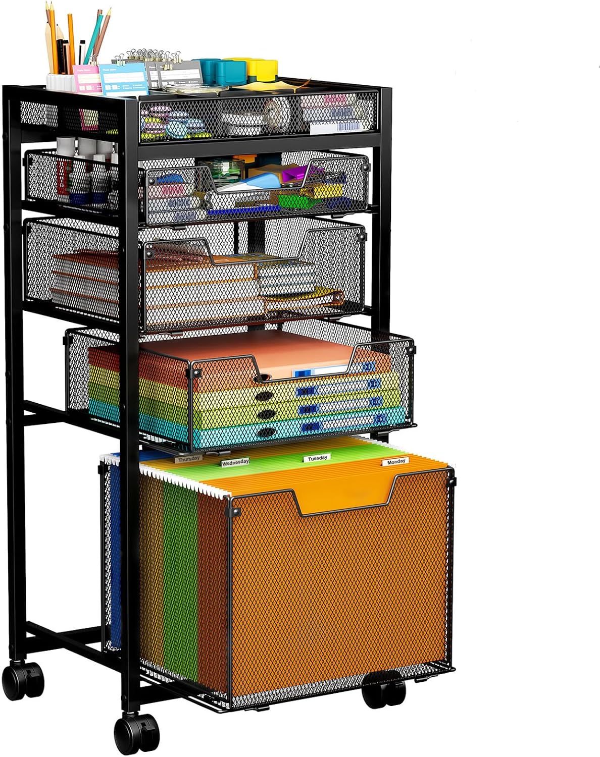 Rolling File Cart with 3 Storage Drawers, Under Desk Filing Cabinet with DIY Divider, Hanging File Folder Organizer on Wheels, Fits A4/Letter Size, Metal Utility Cart for Home Office, Black