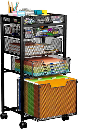 Rolling File Cart with 3 Storage Drawers, Under Desk Filing Cabinet with DIY Divider, Hanging File Folder Organizer on Wheels, Fits A4/Letter Size, Metal Utility Cart for Home Office, Black