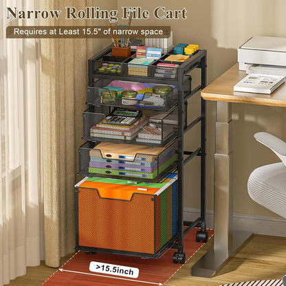 Rolling File Cart with 3 Storage Drawers, Under Desk Filing Cabinet with DIY Divider, Hanging File Folder Organizer on Wheels, Fits A4/Letter Size, Metal Utility Cart for Home Office, Black
