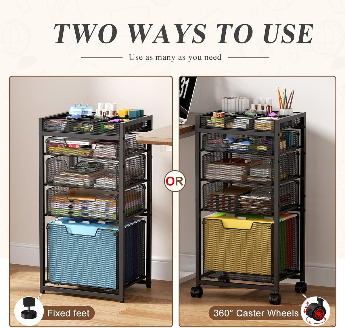 Rolling File Cart with 3 Storage Drawers, Under Desk Filing Cabinet with DIY Divider, Hanging File Folder Organizer on Wheels, Fits A4/Letter Size, Metal Utility Cart for Home Office, Black