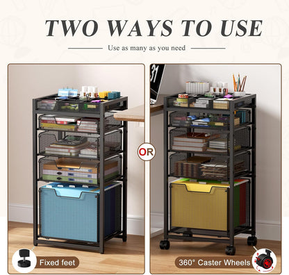 Rolling File Cart with 3 Storage Drawers, Under Desk Filing Cabinet with DIY Divider, Hanging File Folder Organizer on Wheels, Fits A4/Letter Size, Metal Utility Cart for Home Office, Black