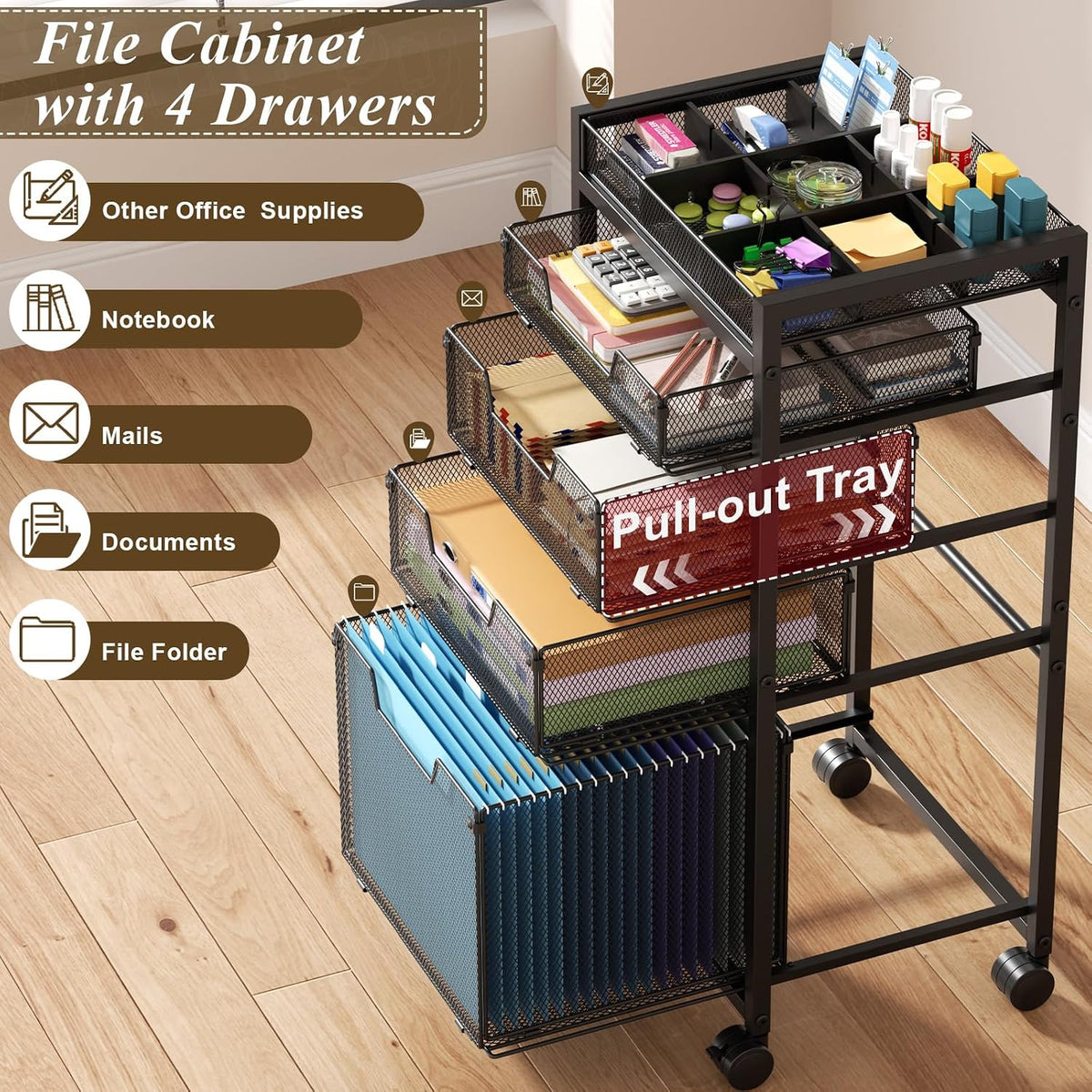Rolling File Cart with 3 Storage Drawers, Under Desk Filing Cabinet with DIY Divider, Hanging File Folder Organizer on Wheels, Fits A4/Letter Size, Metal Utility Cart for Home Office, Black