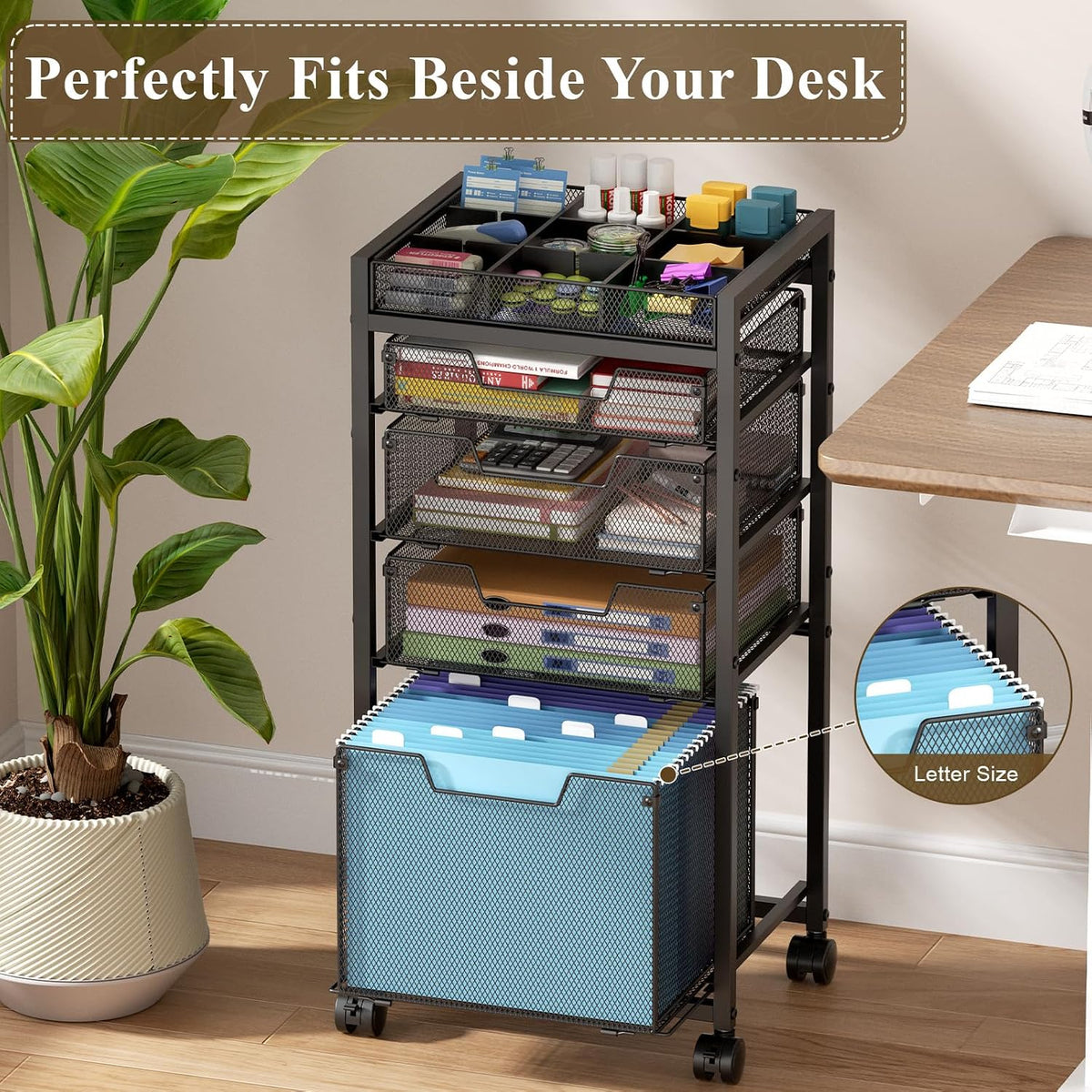 Rolling File Cart with 3 Storage Drawers, Under Desk Filing Cabinet with DIY Divider, Hanging File Folder Organizer on Wheels, Fits A4/Letter Size, Metal Utility Cart for Home Office, Black