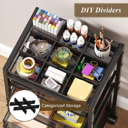 Rolling File Cart with 3 Storage Drawers, Under Desk Filing Cabinet with DIY Divider, Hanging File Folder Organizer on Wheels, Fits A4/Letter Size, Metal Utility Cart for Home Office, Black