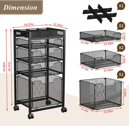 Rolling File Cart with 3 Storage Drawers, Under Desk Filing Cabinet with DIY Divider, Hanging File Folder Organizer on Wheels, Fits A4/Letter Size, Metal Utility Cart for Home Office, Black