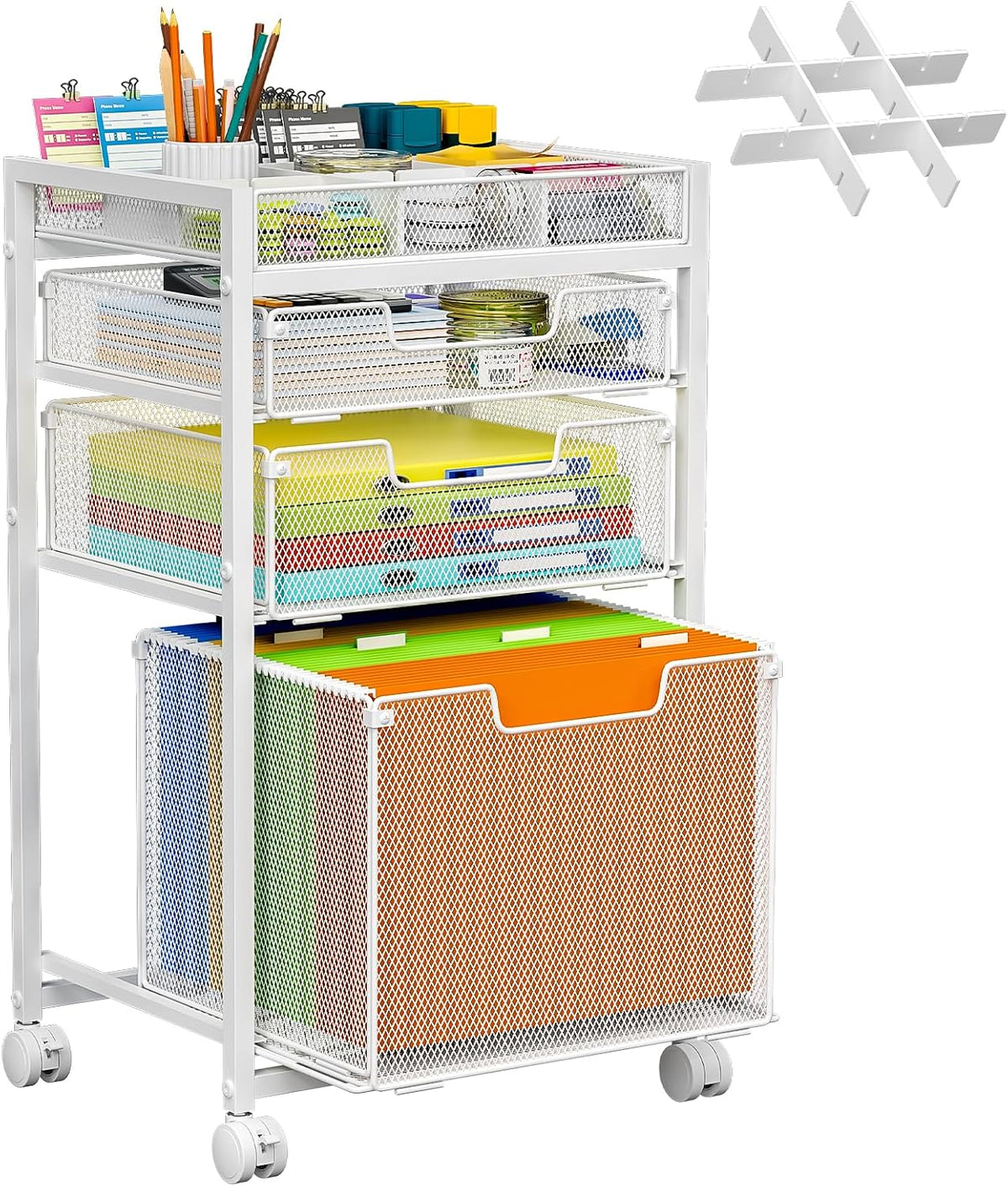 Rolling File Cart with 3 Storage Drawers, Under Desk Filing Cabinet with DIY Divider, Hanging File Folder Organizer on Wheels, Fits A4/Letter Size, Metal Utility Cart for Home Office, Black